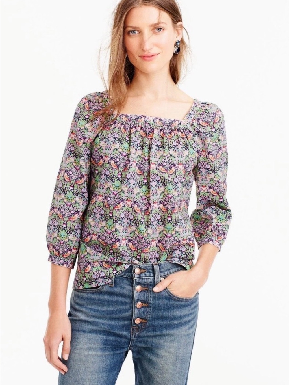 J Crew Liberty Art Womens Sz 0 Blouse Strawberry Thief Peony Floral Peasant Boho